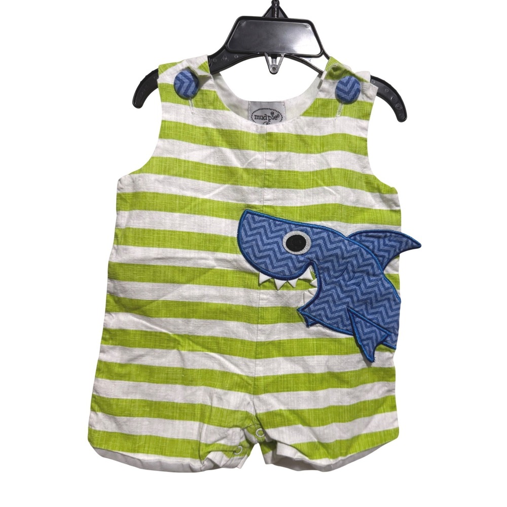 Mud Pie Shark Romper Baby 0-6M Green White Striped Blue Applique Nautical Summer